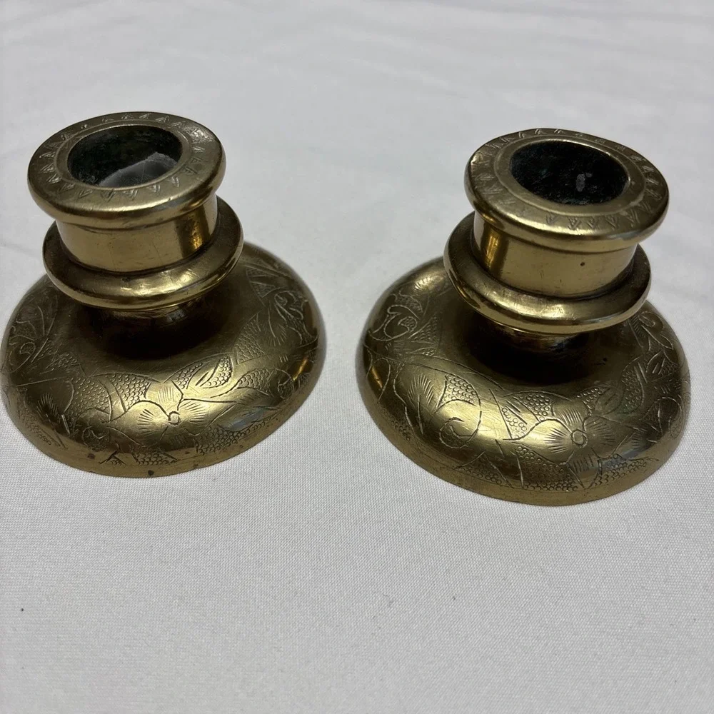 Pair of Vtg‎ Brass Engraved Candle Holders